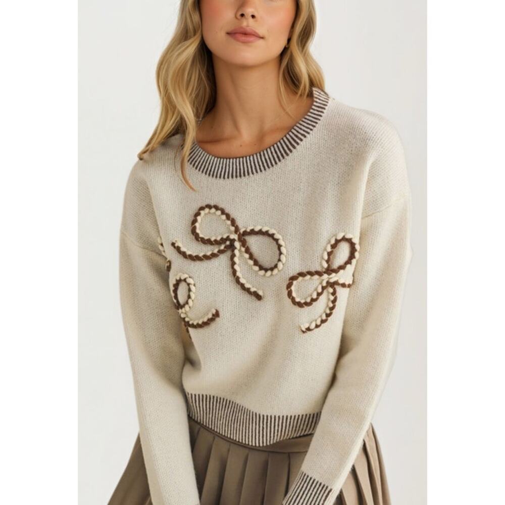 AnnieWear Bow Detail Knit Sweater Cream Brown Cozy Chic Size Small